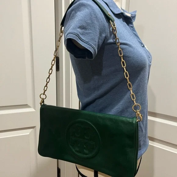 TORY BURCH DARK GREEN CLUTCH WITH GOLD CHAIN - Picture 14 of 14